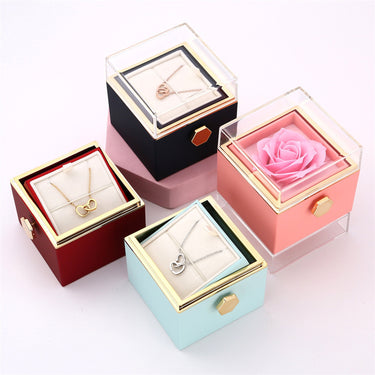 Rotating Rose Jewelry Box – Luxury Gift with Real Flower & Hidden Drawer